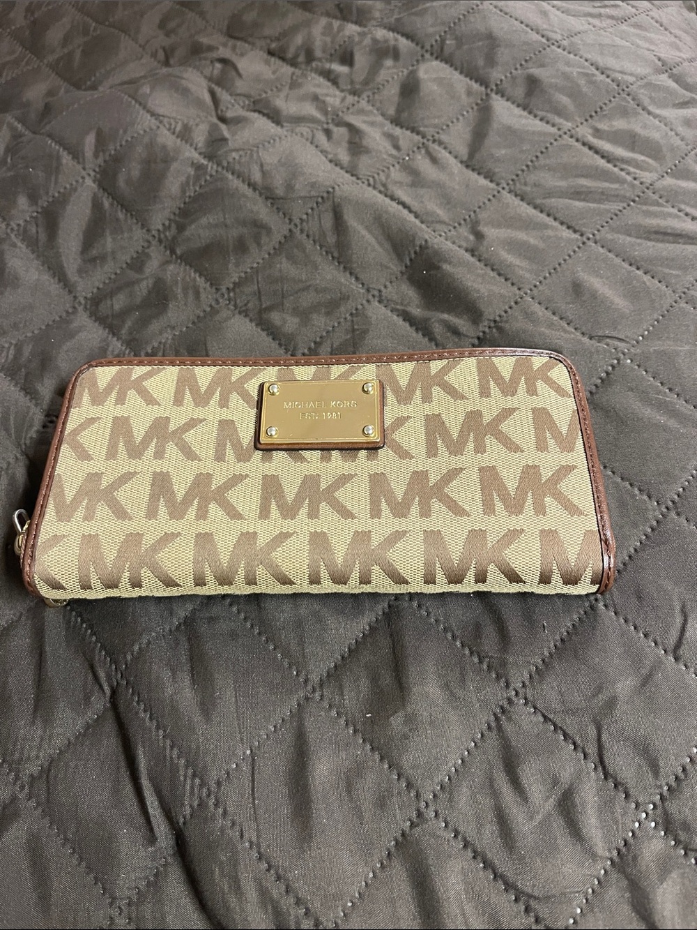 Michael Kors Beige and Brown MK Logo Zip Wallet